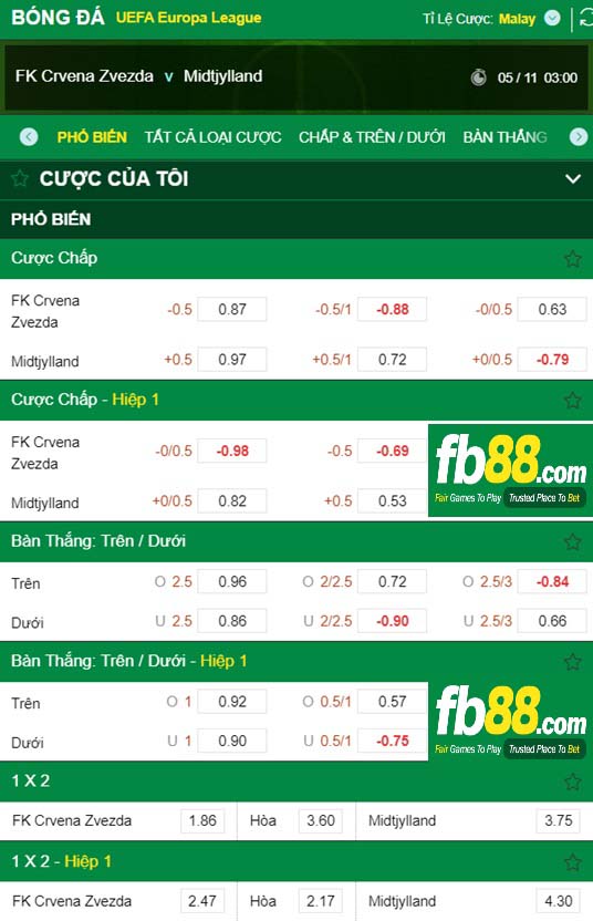 Fb88 tỷ lệ kèo trận đấu Crvena Zvezda vs Midtjylland