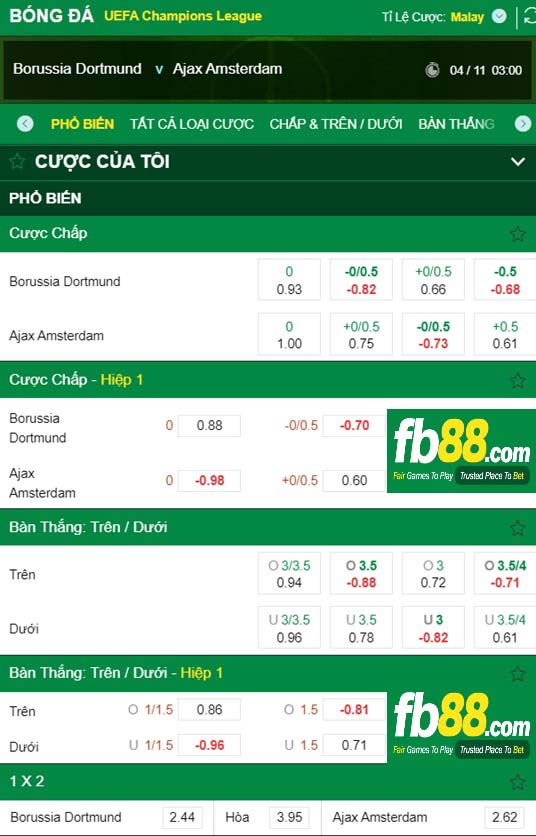 Fb88 tỷ lệ kèo trận đấu Dortmund vs Ajax