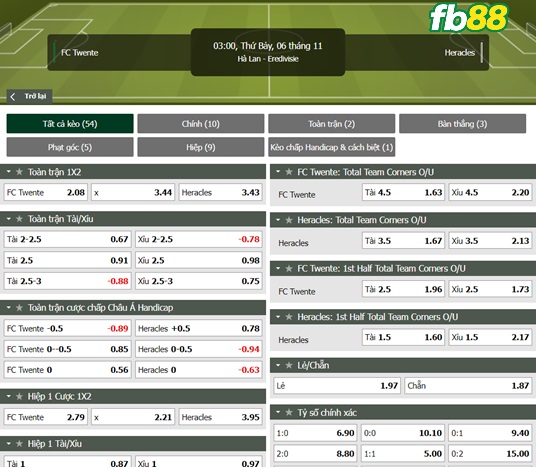 Fb88 tỷ lệ kèo trận đấu FC Twente vs Heracles Almelo
