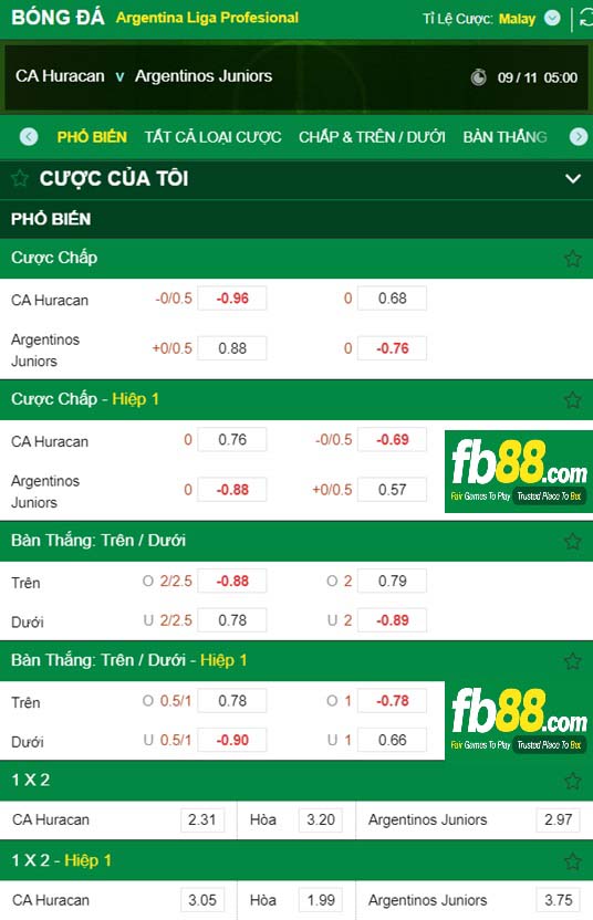Fb88 tỷ lệ kèo trận đấu Huracan vs Argentinos Juniors