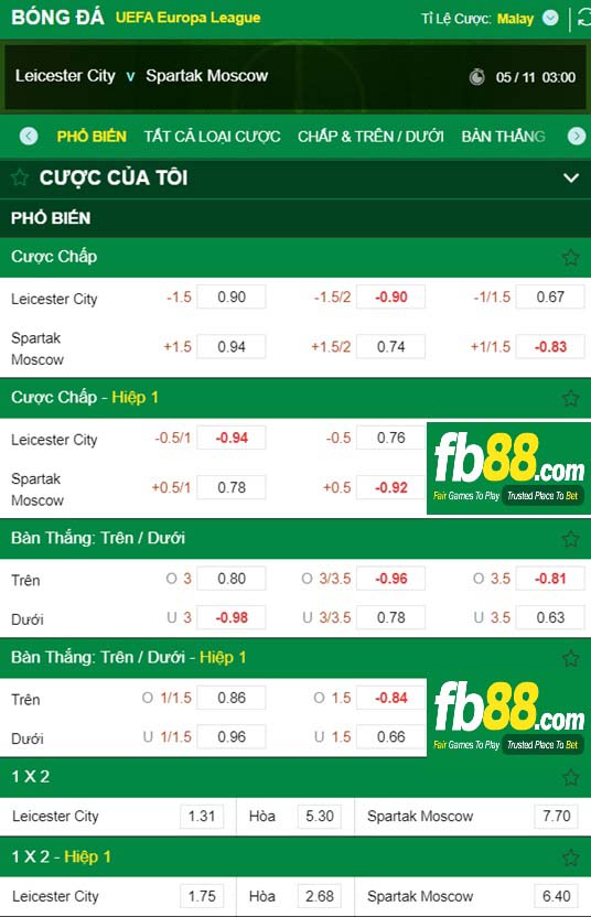 Fb88 tỷ lệ kèo trận đấu Leicester vs Spartak Moscow