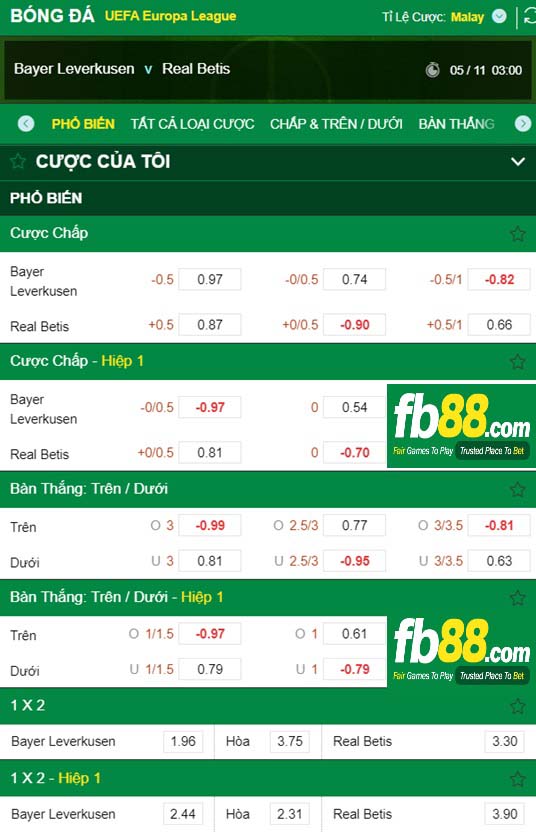 Fb88 tỷ lệ kèo trận đấu Leverkusen vs Real Betis