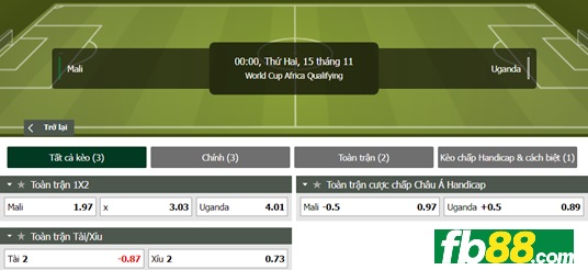 Fb88 tỷ lệ kèo trận đấu Mali vs Uganda