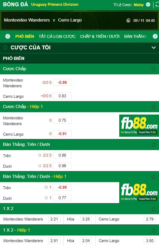 Fb88 tỷ lệ kèo trận đấu Montevideo Wanderers vs Cerro Largo