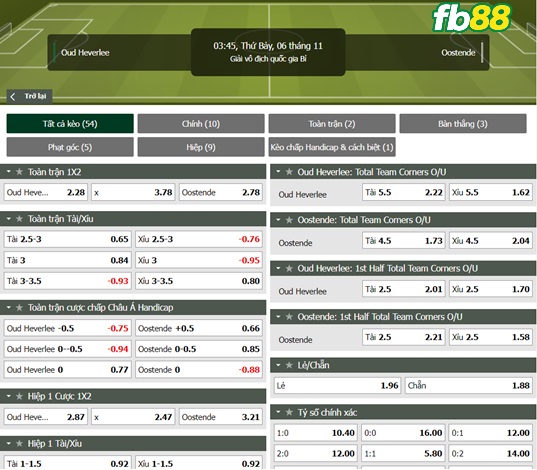 Fb88 tỷ lệ kèo trận đấu Oud Heverlee Leuven vs Oostende