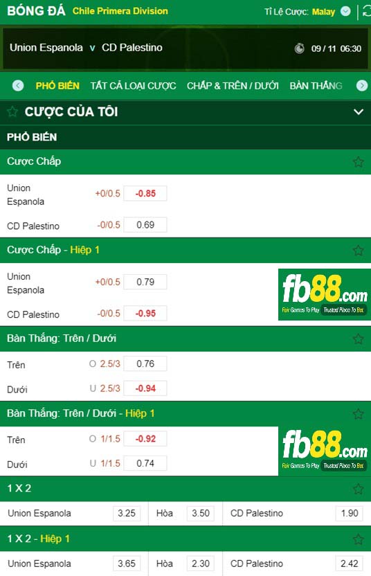 Fb88 tỷ lệ kèo trận đấu Union Espanola vs Palestino