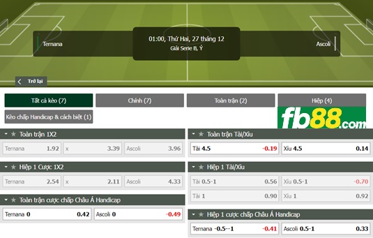 Fb88 tỷ lệ kèo trận đấu Ternana vs Ascoli