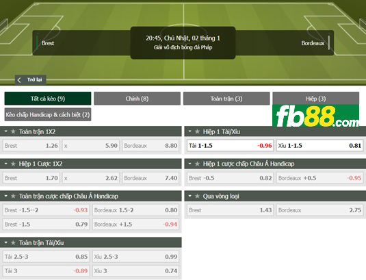 Fb88 tỷ lệ kèo trận đấu Brestois vs Bordeaux