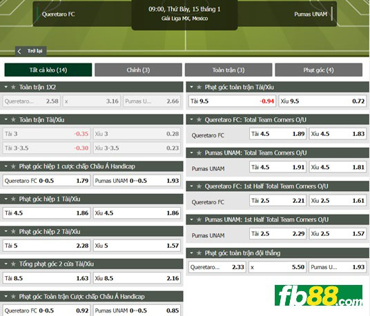 Fb88 tỷ lệ kèo trận đấu Queretaro vs Pumas UNAM
