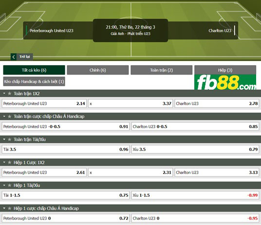 Fb88 tỷ lệ kèo trận đấu Peterborough U23 vs Charlton U23
