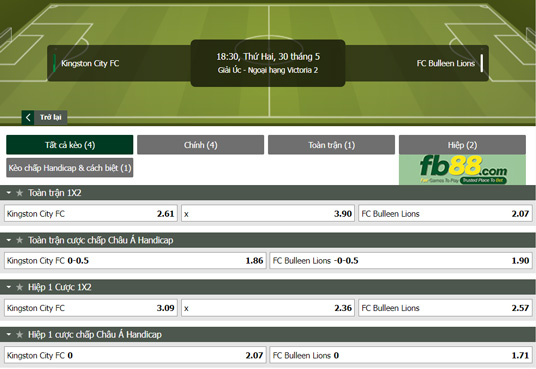 Fb88 tỷ lệ kèo trận đấu Kingston City vs Bulleen Lions