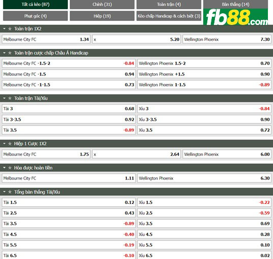 Fb88 tỷ lệ kèo trận đấu Melbourne City vs Wellington Phoenix