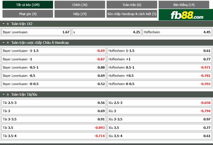 fb88-chi tiết kèo trận đấu Leverkusen vs Hoffenheim
