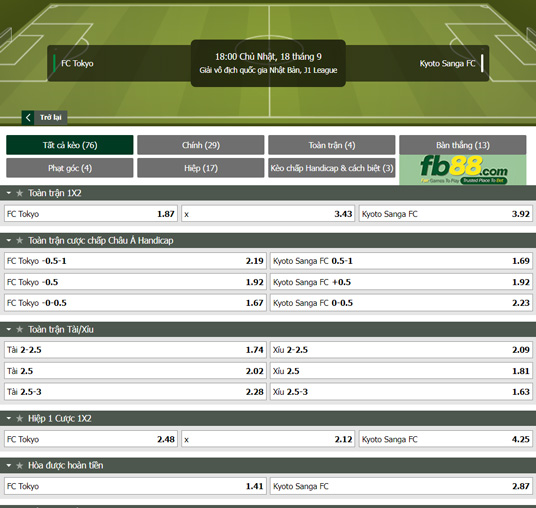 Fb88 tỷ lệ kèo trận đấu FC Tokyo vs Kyoto Sanga