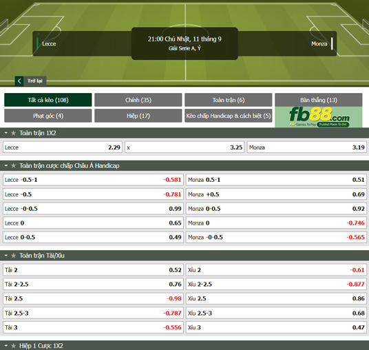 Fb88 tỷ lệ kèo trận đấu Lecce vs Monza