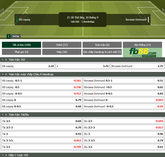 Fb88 tỷ lệ kèo trận đấu Leipzig vs Dortmund