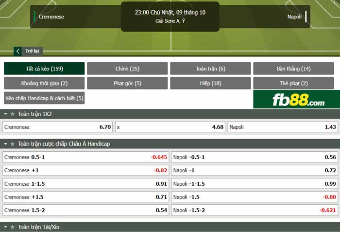 fb88-chi tiết kèo trận đấu Cremonese vs Napoli