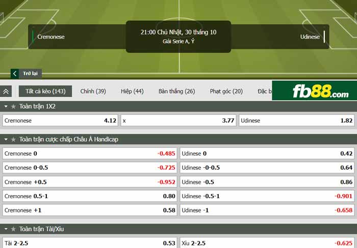 fb88-chi tiết kèo trận đấu Cremonese vs Udinese