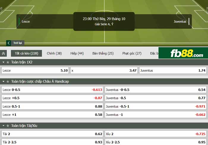 fb88-chi tiết kèo trận đấu Lecce vs Juventus