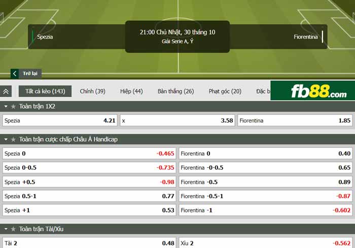 fb88-chi tiết kèo trận đấu Spezia vs Fiorentina