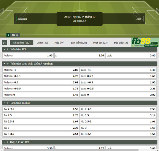 Fb88 tỷ lệ kèo trận đấu Atalanta vs Lazio