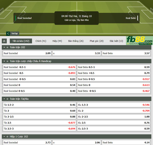 Fb88 tỷ lệ kèo trận đấu Sociedad vs Betis