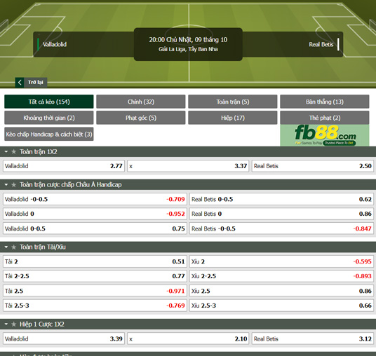 Fb88 tỷ lệ kèo trận đấu Valladolid vs Real Betis