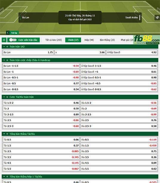 Fb88 tỷ lệ kèo trận đấu Ba Lan vs Saudi Arabia