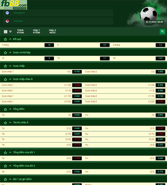 Fb88 tỷ lệ kèo trận đấu Singapore vs Việt Nam