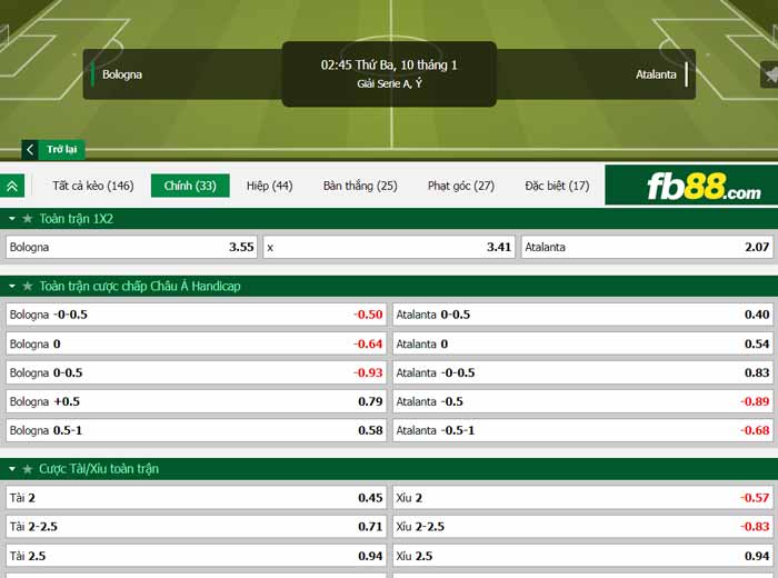 fb88-chi tiết kèo trận đấu Bologna vs Atalanta