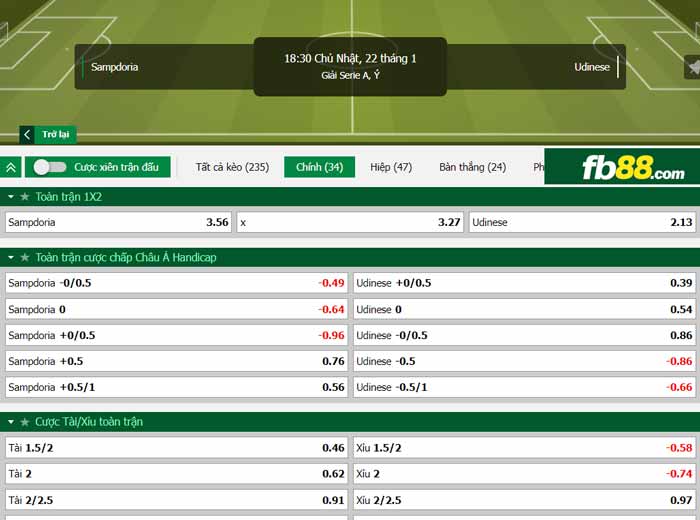 fb88-chi tiết kèo trận đấu Sampdoria vs Udinese