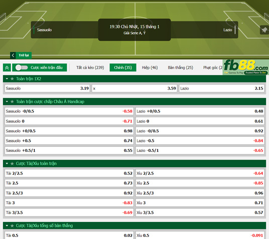 Fb88 tỷ lệ kèo trận đấu Sassuolo vs Lazio