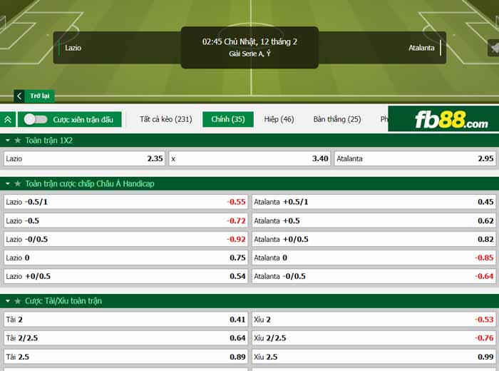 fb88-chi tiết kèo trận đấu Lazio vs Atalanta