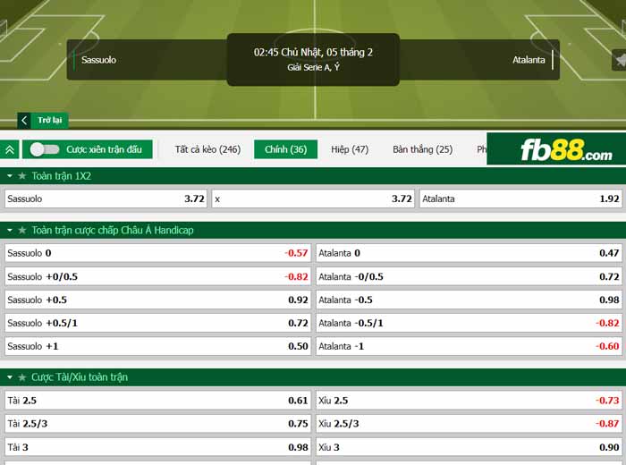 fb88-chi tiết kèo trận đấu Sassuolo vs Atalanta