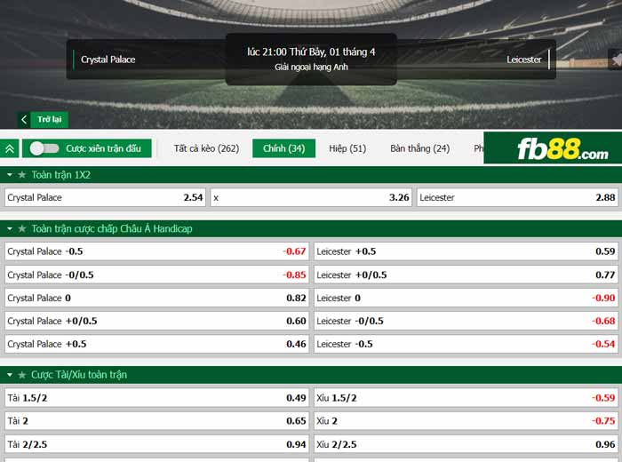 fb88-chi tiết kèo trận đấu Crystal Palace vs Leicester