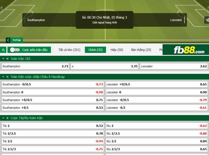 fb88-chi tiết kèo trận đấu Southampton vs Leicester