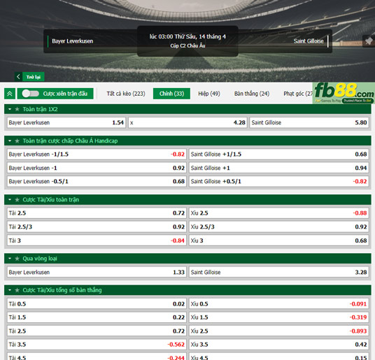 Fb88 tỷ lệ kèo trận đấu Leverkusen vs St. Gilloise