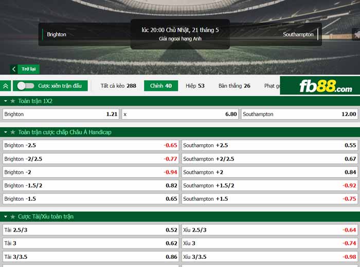 fb88-chi tiết kèo trận đấu Brighton vs Southampton