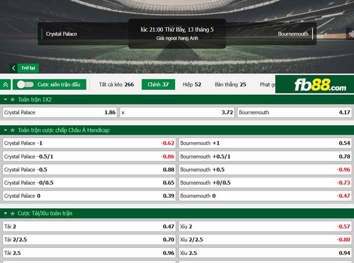fb88-chi tiết kèo trận đấu Crystal Palace vs Bournemouth