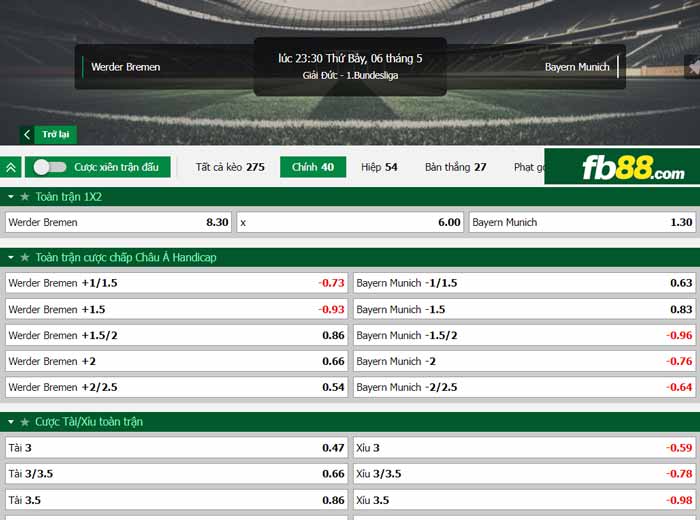 fb88-chi tiết kèo trận đấu Werder Bremen vs Bayern Munich