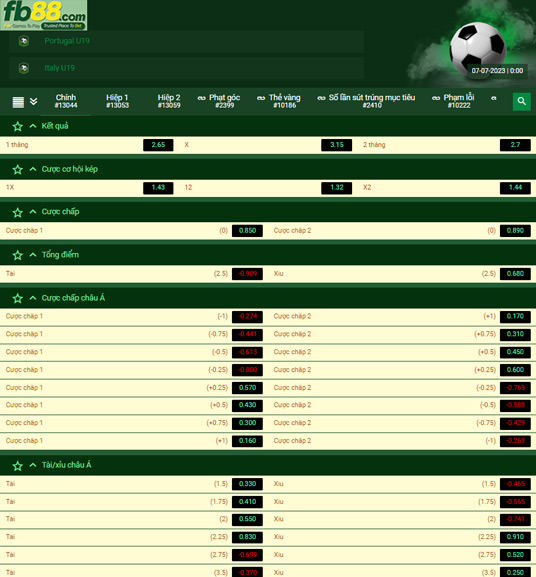 Fb88 tỷ lệ kèo trận đấu U19 Bồ Đào Nha vs U19 Italia