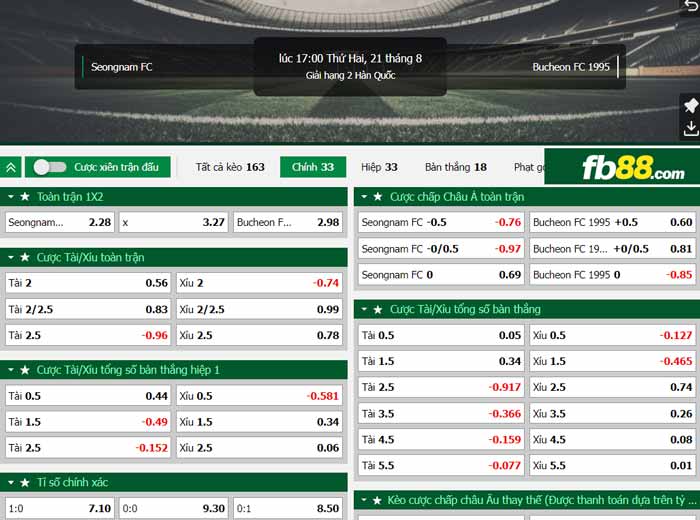 fb88-chi tiết kèo trận đấu Seongnam vs Bucheon