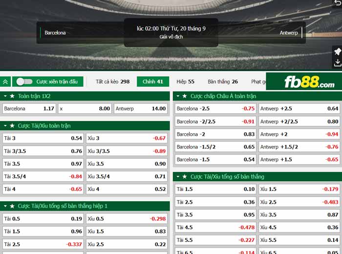 fb88-chi tiết kèo trận đấu Barcelona vs Royal Antwerp