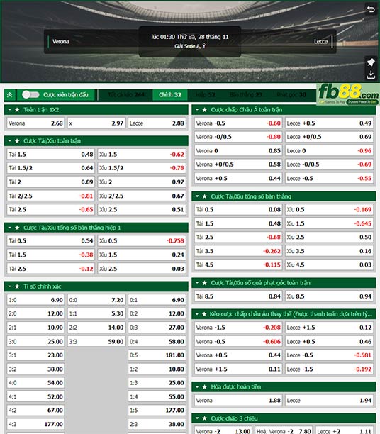 Fb88 tỷ lệ kèo trận đấu Verona vs Lecce