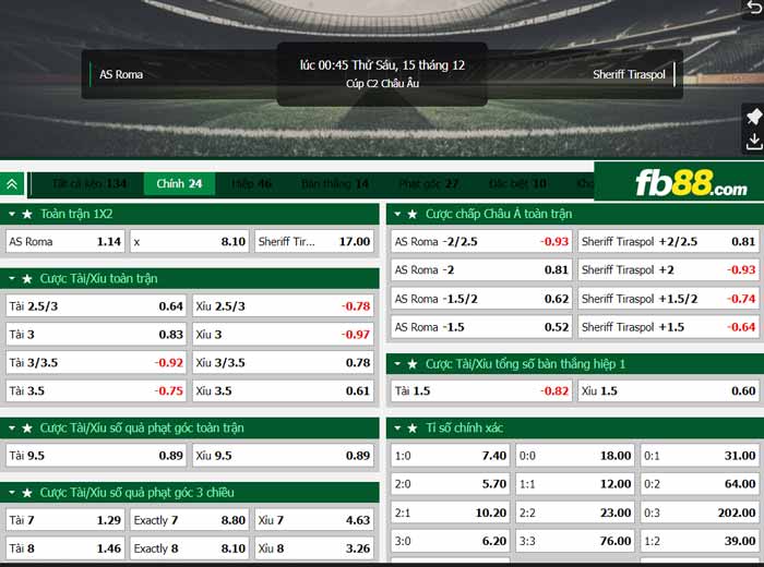 fb88-chi tiết kèo trận đấu AS Roma vs Sheriff Tiraspol