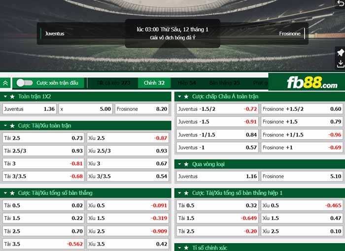 fb88-chi tiết kèo trận đấu Juventus vs Frosinone
