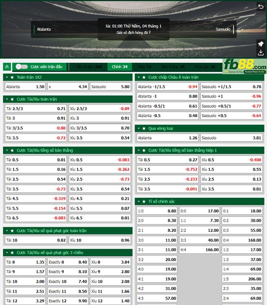 Fb88 tỷ lệ kèo trận đấu Atalanta vs Sassuolo