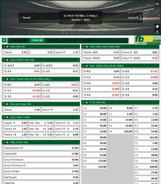Fb88 tỷ lệ kèo trận đấu Tlaxcala vs Cancun