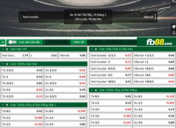 fb88-chi tiết kèo trận đấu Real Sociedad vs Villarreal