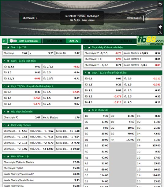 Fb88 tỷ lệ kèo trận đấu Chennaiyin vs Kerala Blasters